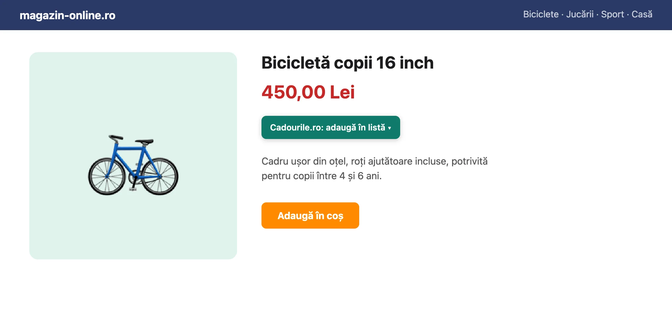 Pagina unui produs dintr-un magazin online, cu butonul verde Cadourile.ro: adaugă în listă sub preț