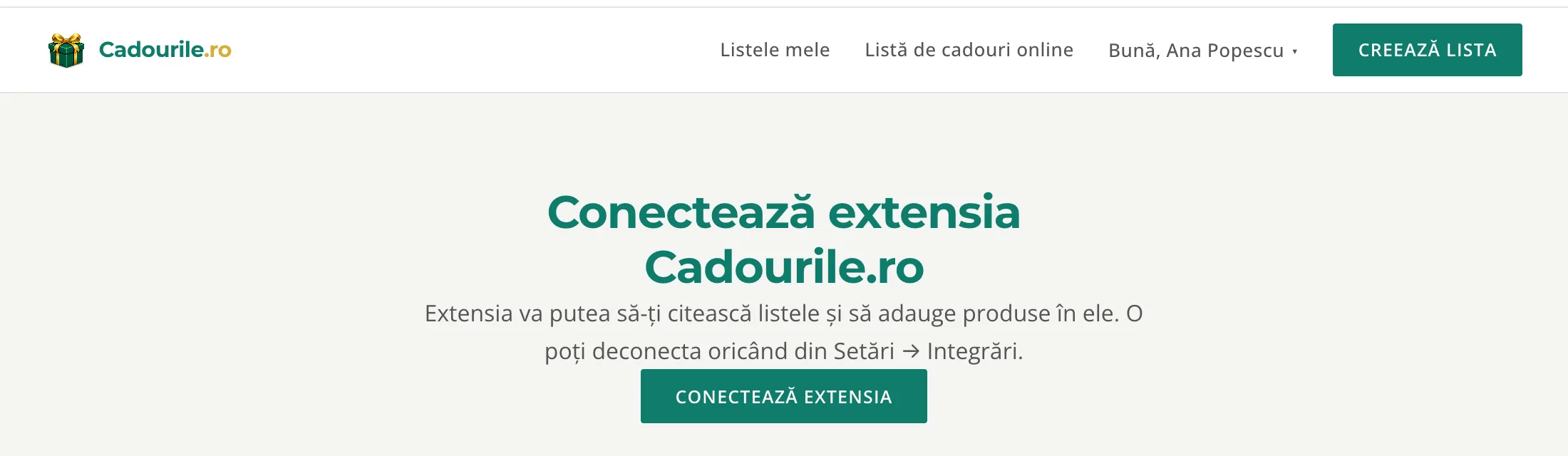 Pagina Cadourile.ro „Conectează extensia Cadourile.ro”, cu butonul Conectează extensia