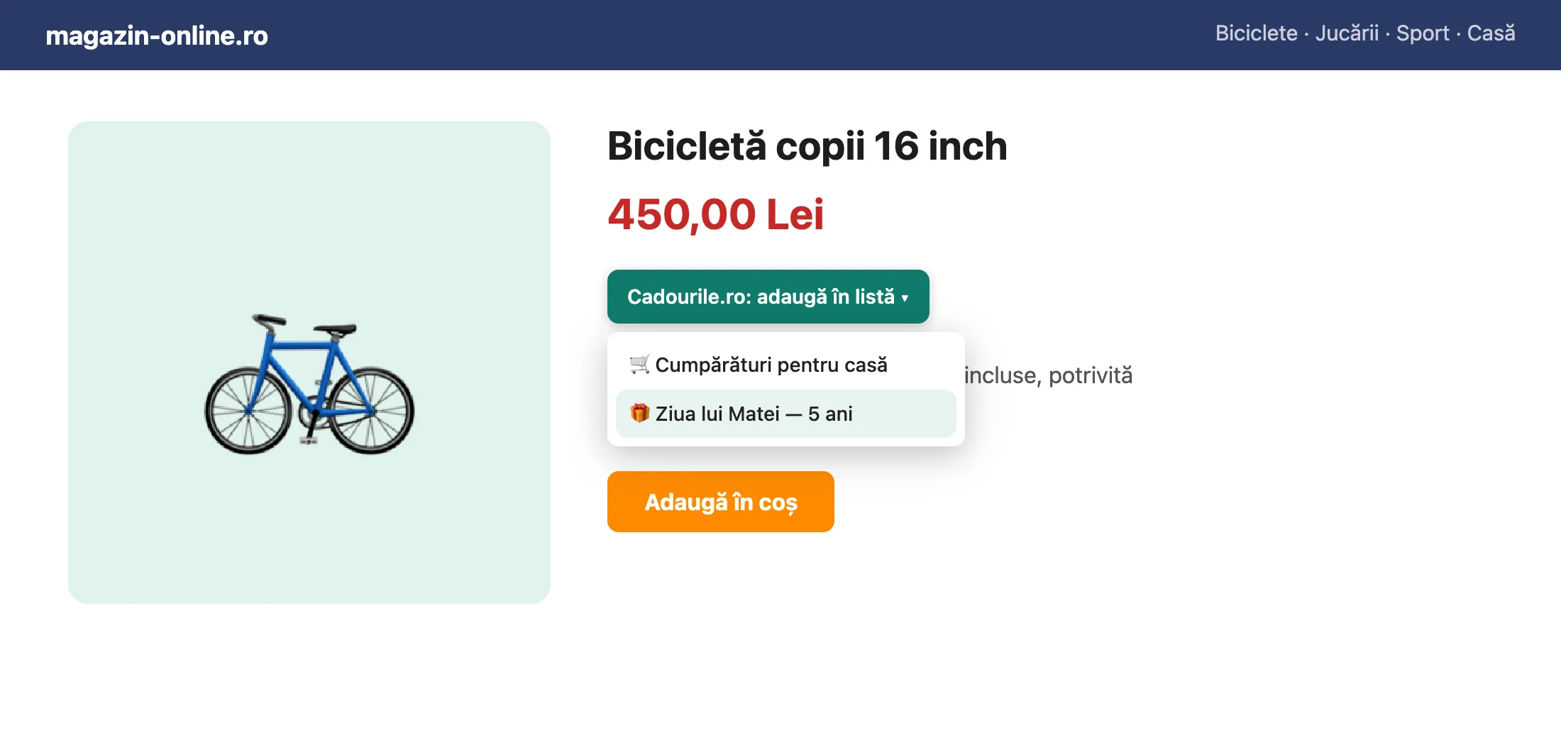 Butonul deschis, cu listele „Cumpărături pentru casă” și „Ziua lui Matei — 5 ani”