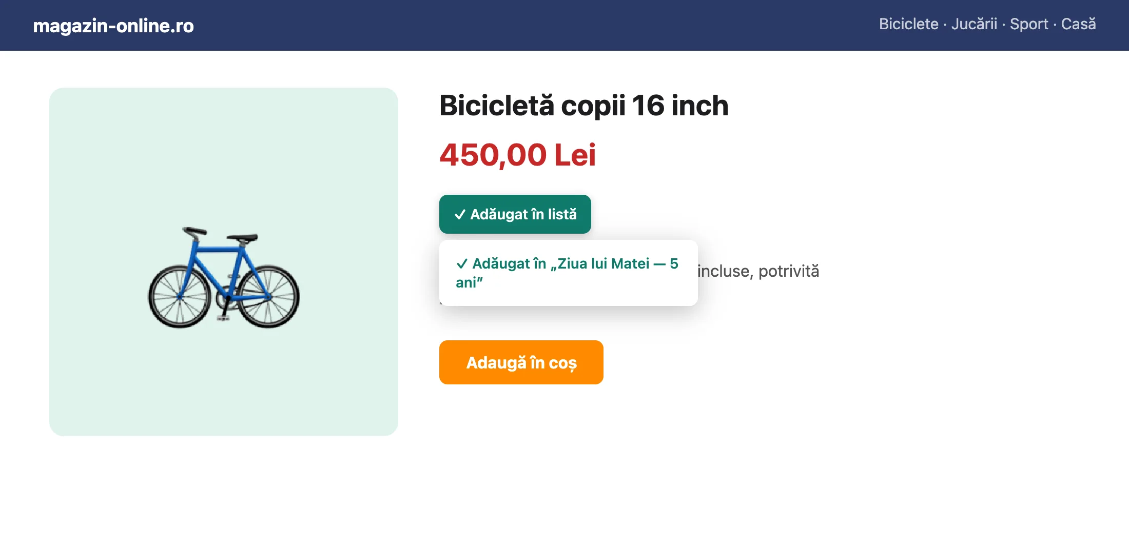 Butonul schimbat în ✓ Adăugat în listă, cu mesajul „Adăugat în Ziua lui Matei — 5 ani”